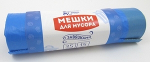 Мешки для мусора 35л, 15шт, 19мкм с ЗАВЯЗКАМИ голубые ДС-168 (2/24)